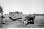 15 cm NbW 41 launcher being connected to the towing hitch of a halftrack, Russia, fall 1943, photo 2 of 2