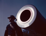 American soldier and a 16 in M1919 coastal artillery gun, Fort Story, Virginia, United States, Mar 1942