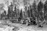 76 mm Divisional Gun M1939 (F-22 USV) of the Soviet 19th Guards Rifle Regiment being drawn by horses, 1943