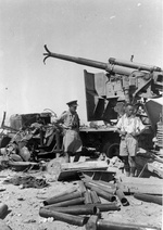 New Zealand Brigadier Howard Kippenberger and Captain Allan McPhail inspecting a destroyed Cannone da 90/53 anti-aircraft gun formerly of the Italian Ariete Division, North Africa, 4 Jul 1942 or shortly after