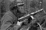 Finnish soldier with KP/-31 submachine gun during Battle of Vuosalmi, Karelian Isthmus, Finland, 23-24 Jul 1944