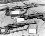 Submachine guns captured by US troops from the North Vietnamese Army, 1960; top to bottom: Soviet PPS-43, German MP 40, Vietnamese K-50M (license-built Soviet PPSh-41)