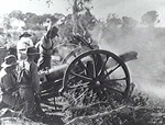 4.5in howitzer of 3rd Brigade of the Australian Field Artillery Militia firing during an exercise at Rockingham, Western Australia, Australia, 1935