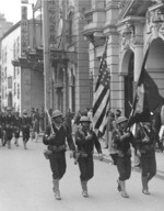 Color guard leading armored cruiser USS Pittsburgh landing party in the Bund, Shanghai, China, 1927; note Springfield M1903 rifles and M1911 pistols