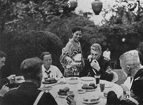 Hitler Youth members dining at the German embassy in Japan, 16 Aug 1938
