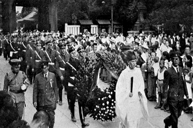 Hitler Youth members visiting Yasukuni Shrine with a wreath, Tokyo, Japan, Oct 1938, photo 2 of 2