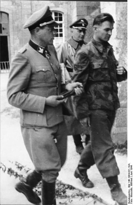 SS-Sturmbannführer Fritz Witt and SS-Obersturmbannführer Max Wünsche of German 12th SS Panzer Division 'Hitlerjugend' at the Ardenne Abbey, Caen, France, Jun 1944