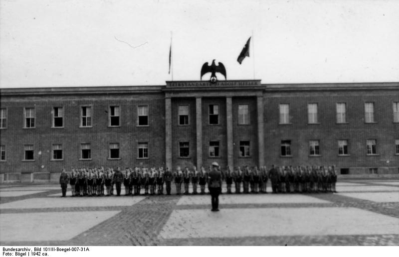 Members of Hitler Youth on the parade ground of the Berlin-Lichterfelde barracks belonging to Leibstandarte-SS Adolf Hitler, Berlin, Germany, circa 1942