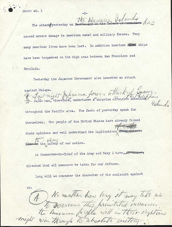 Draft number 1 of Roosevelt's 'Day of Infamy Speech', page 2 of 3