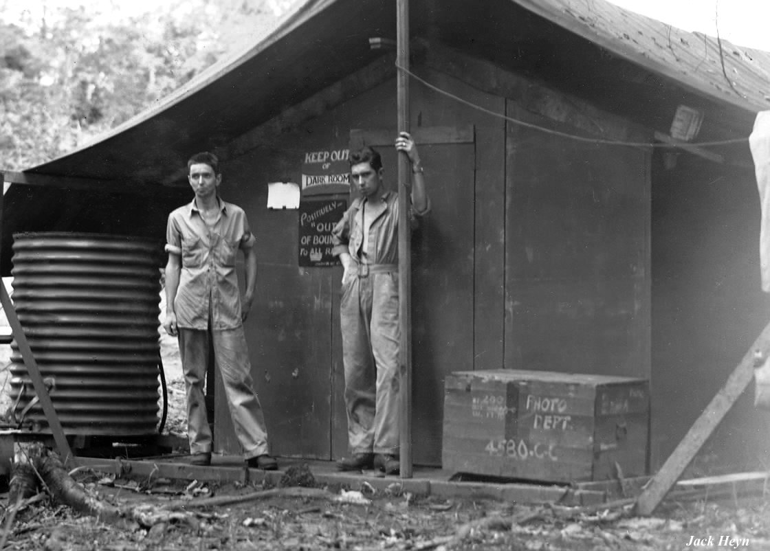 Photographers Marvin Culbreth and Jack Heyn of USAAF 3rd Bomb Group at the Dobodura Airfield photo shack, Australian Papua, mid-1943