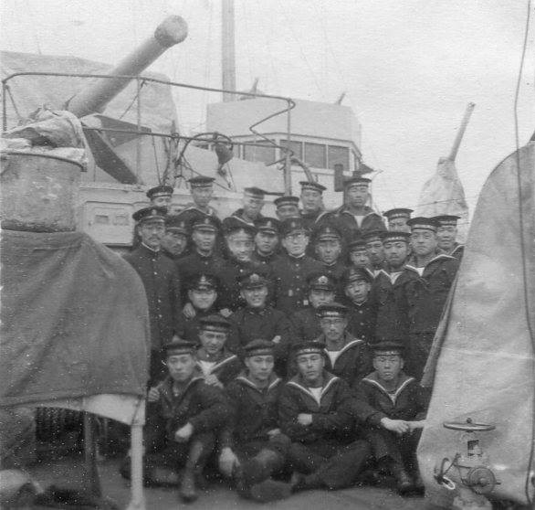 Japanese Navy officers and men aboard a ship, circa 1940s