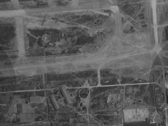 Aerial view of Toshien (now Zuoying) airfield, Takao (now Kaohsiung), Taiwan, 16 Oct 1944, photo 1 of 2; photo taken by a B-29 bomber