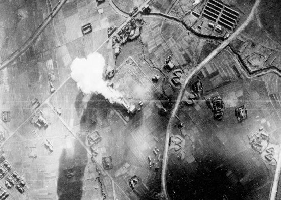 Bomb intended for nearby Giran Airfield falling on Ranyo (now Lanyang) Girls High School, Giran (now Yilan), Taiwan, 21 Jan 1945