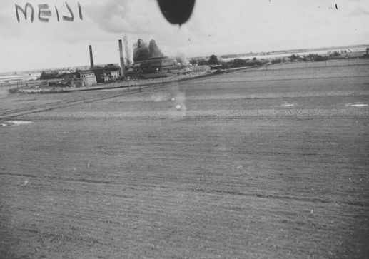 Sugar refinery at Suantau, Kagi (now Suantou, Chiayi), Taiwan under parafrag attack by two USAAF B-25J bombers, 2 Jun 1945, photo 3 of 3