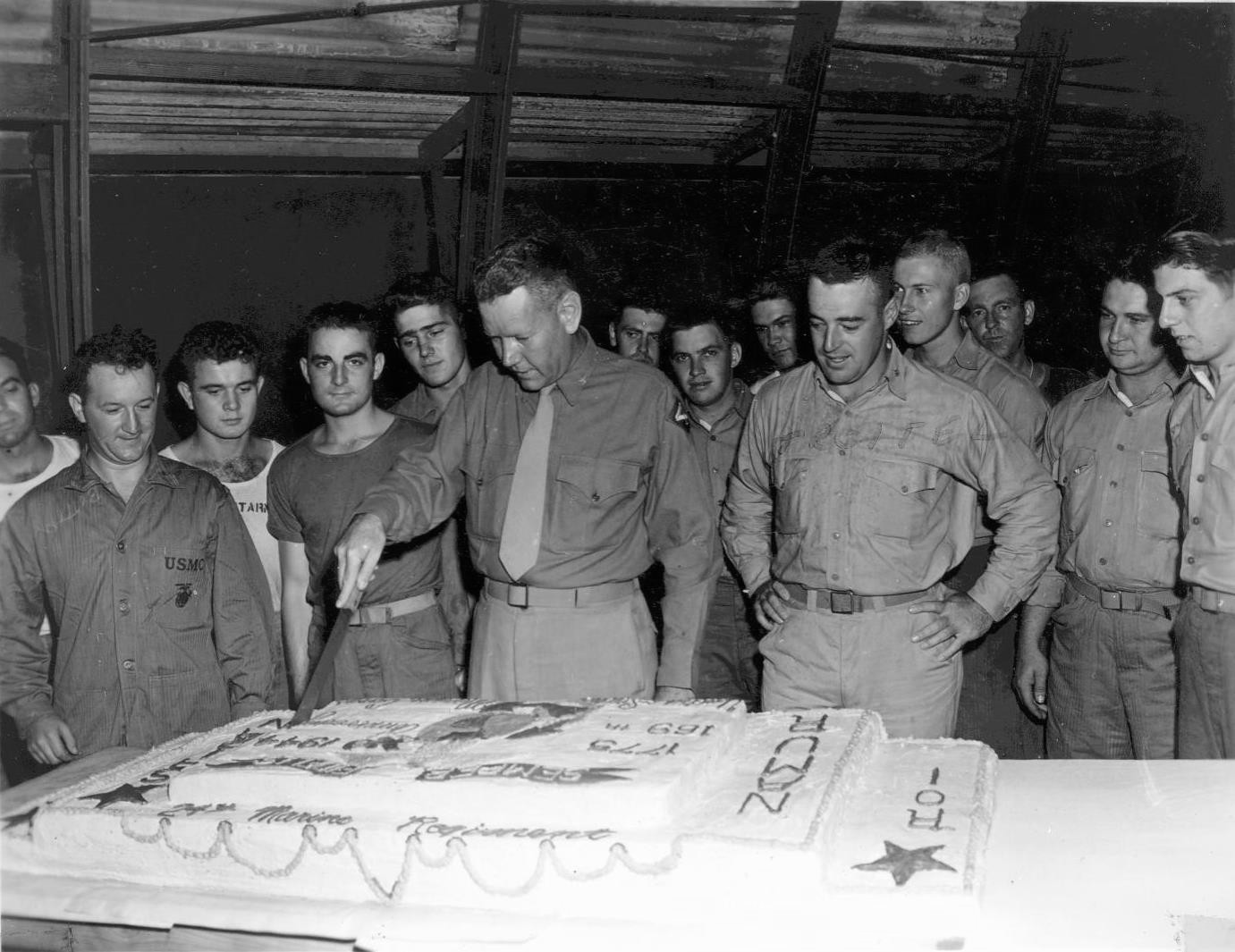 Men of US 24th Marine Regiment celebrating the birthday of the US Marine Corps, Maui, US Territory of Hawaii, 10 Nov 1944