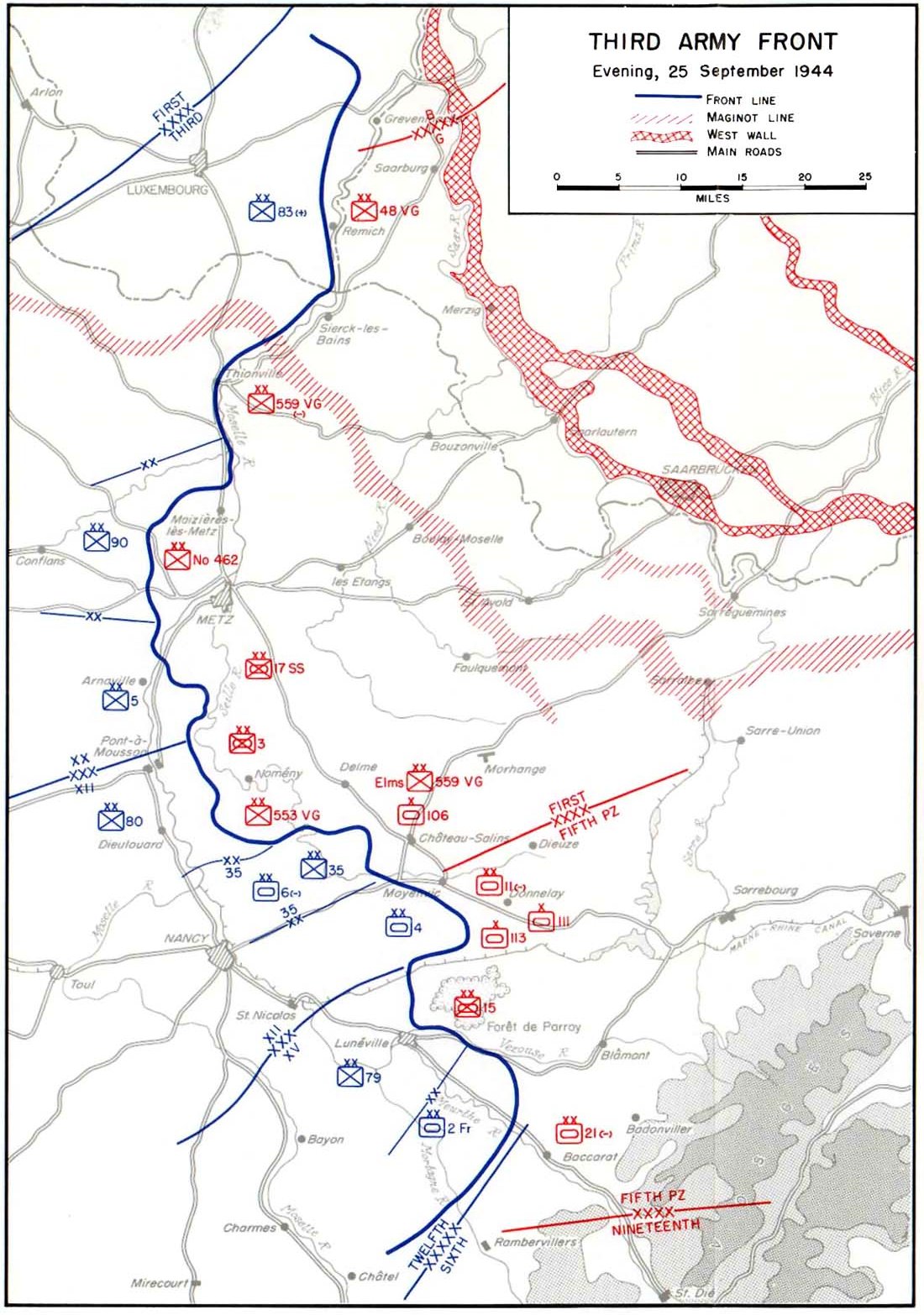 [Map] Map depicting the US 3rd Army's front lines at the evening of 25 ...