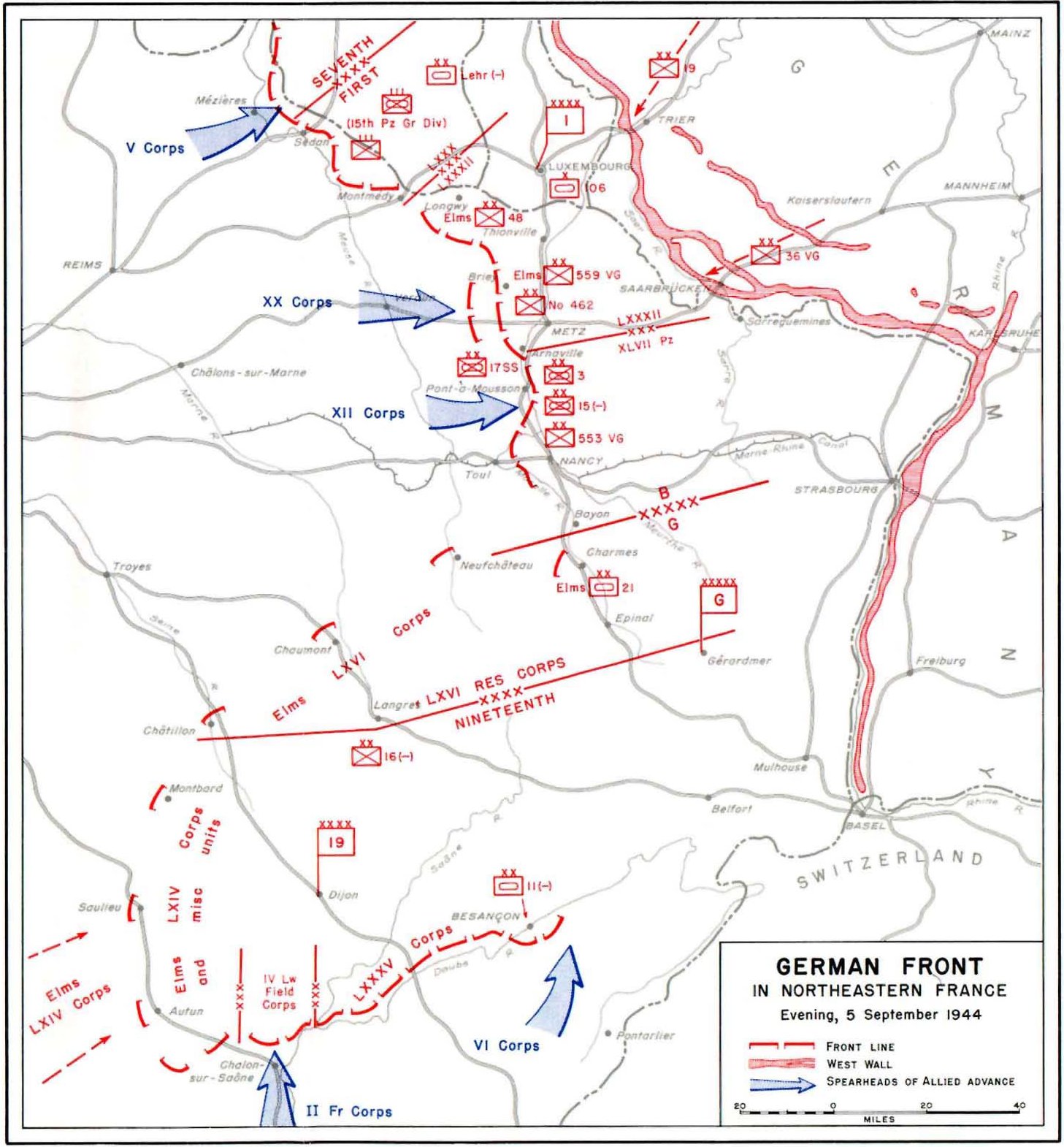 Map depicting the German front in Northeastern France, 5 Sep 1944