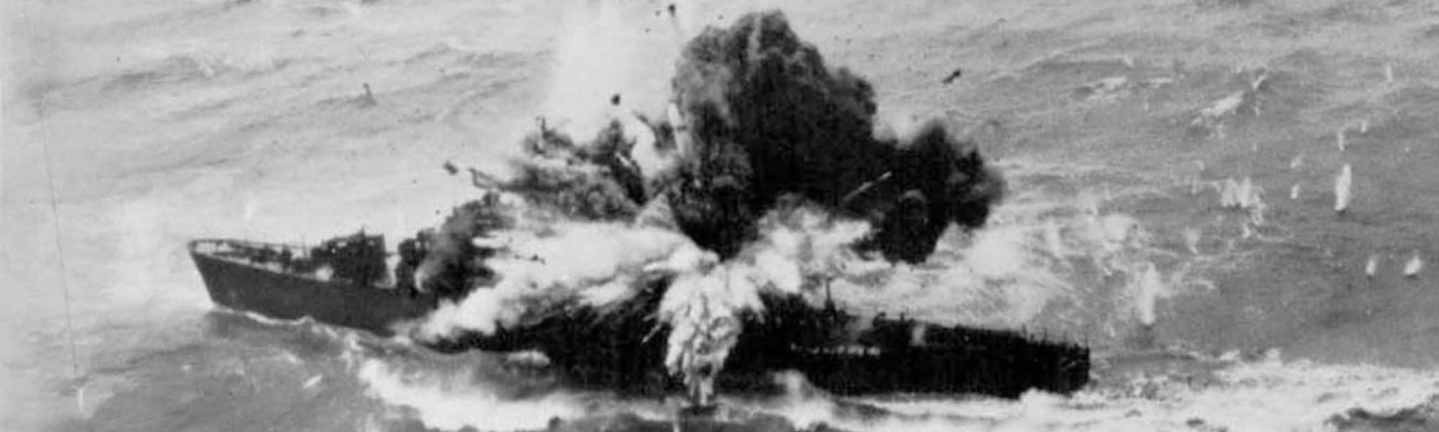 Japanese Type-C Escort Vessel No. 1 exploding in Taiwan Strait south of Amoy (Xiamen), China, 6 Apr 1945, having attacked by US B-25J (44-29600; 2Lt Francis A. Thompson) of 499th 'Bats Outta Hell' Bomb Squadron of 345th 'Air Apaches' Bomb Group
