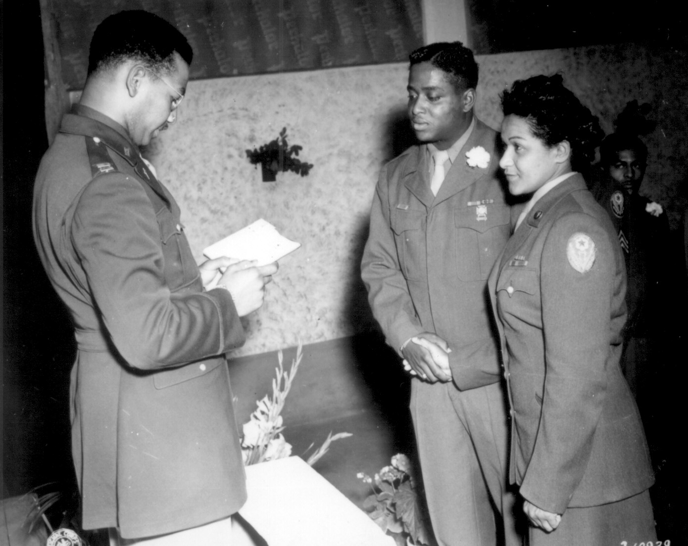 African-American US Army Chaplain Wm Green presiding over wedding of Pfc Florence Collins (6888th Postal Directory Bn) and Cpl Wm Johnson (1696th Labor Supervision Co), Rouen, France, 19 Aug 1945