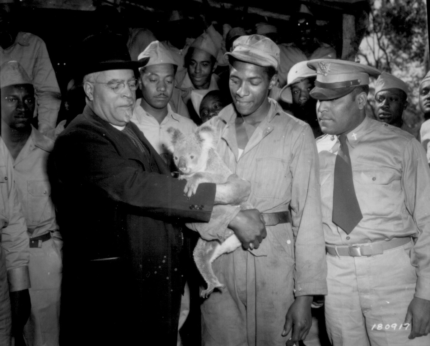 Bishop John Andrew Gregg of African Methodist Church in North Central United States playing with a koala bear while African-American US Army soldiers looked on, Australia, 21 Jul 1943