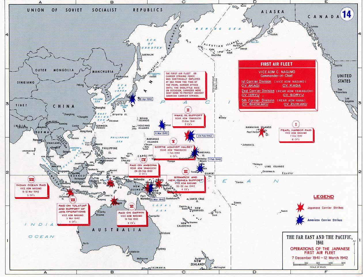 Map noting the operations of the Japanese Navy First Air Fleet/Carrier Striking Force, 7 Dec 1941-12 Mar 1942