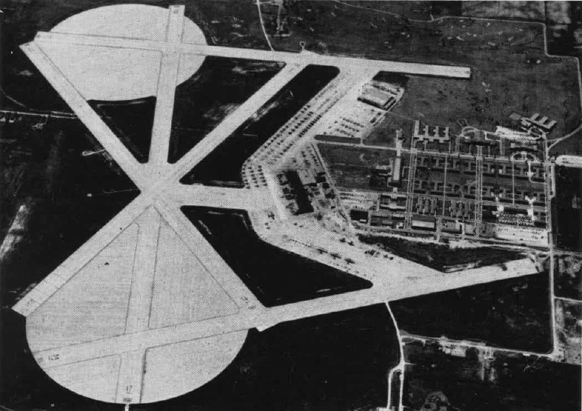 Aerial view of Naval Air Station Glenview, Illinois, United States, as it appeared in the Feb 1950 edition of the 'US Navy Naval Aviation News'
