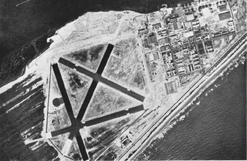 Aerial view of Naval Air Station Banana River, Satellite Beach, Florida, United States, as it appeared in the Apr 1947 edition of the 'US Navy Naval Aviation News'