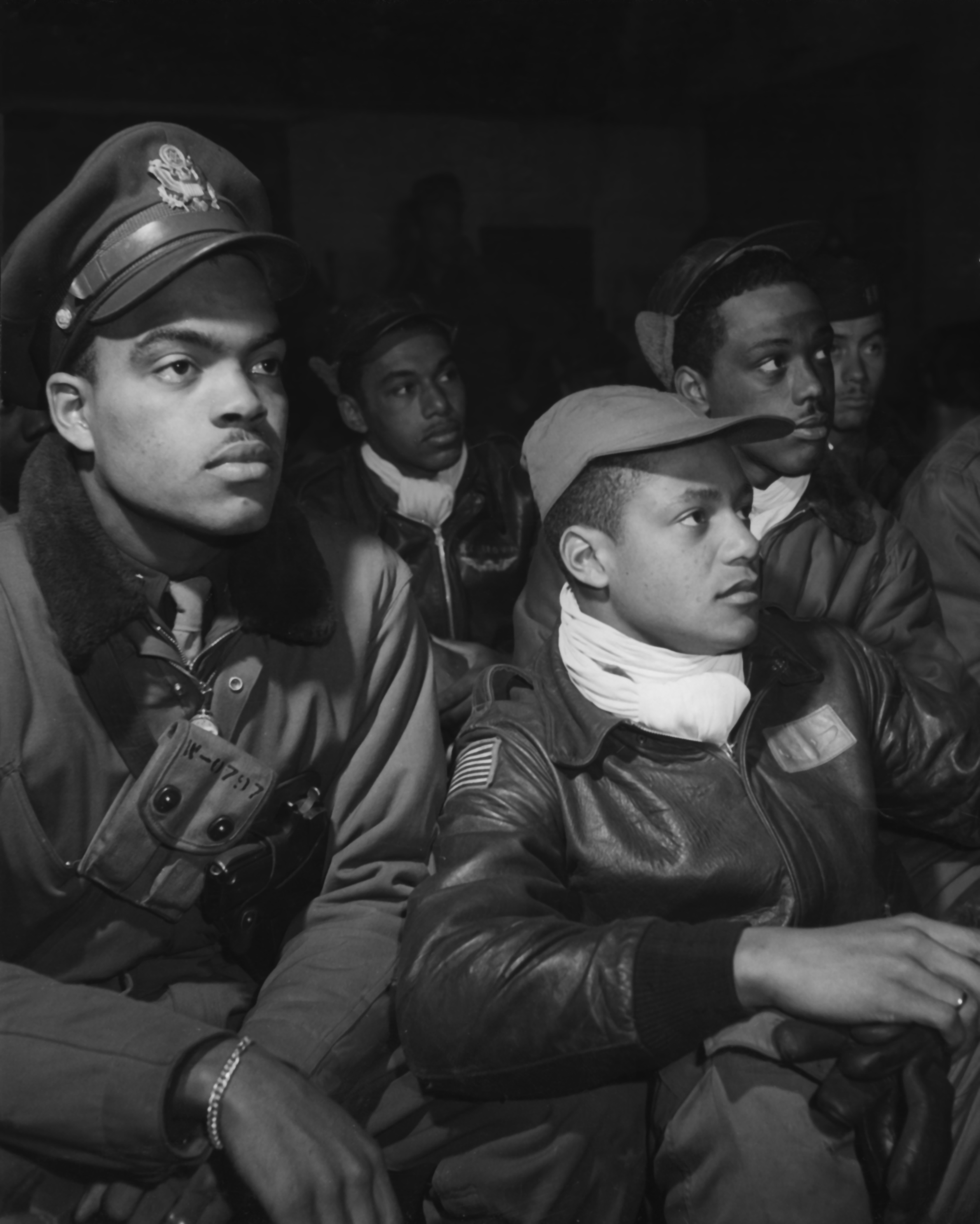 African-American airmen of the US 332nd Fighter Group at a briefing, Ramitelli, Italy, Mar 1945