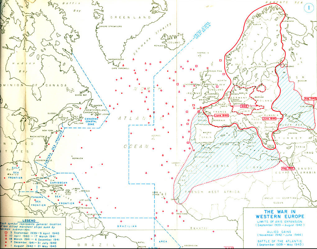 Map marking limit of Axis expansion in Europe, North Africa, and the Atlantic Ocean, Sep 1939-Aug 1942