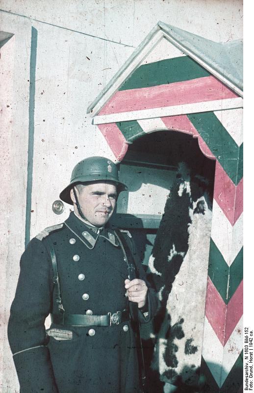 Bulgarian soldier at a guard post, Sofia, Bulgaria, circa 1942