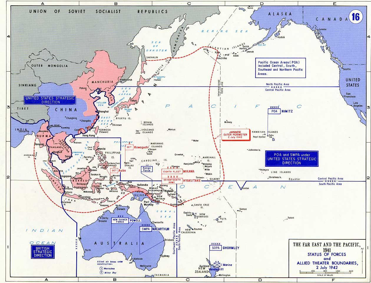 Map noting the boundaries of Allied and Japanese forces as of 2 Jul 1942