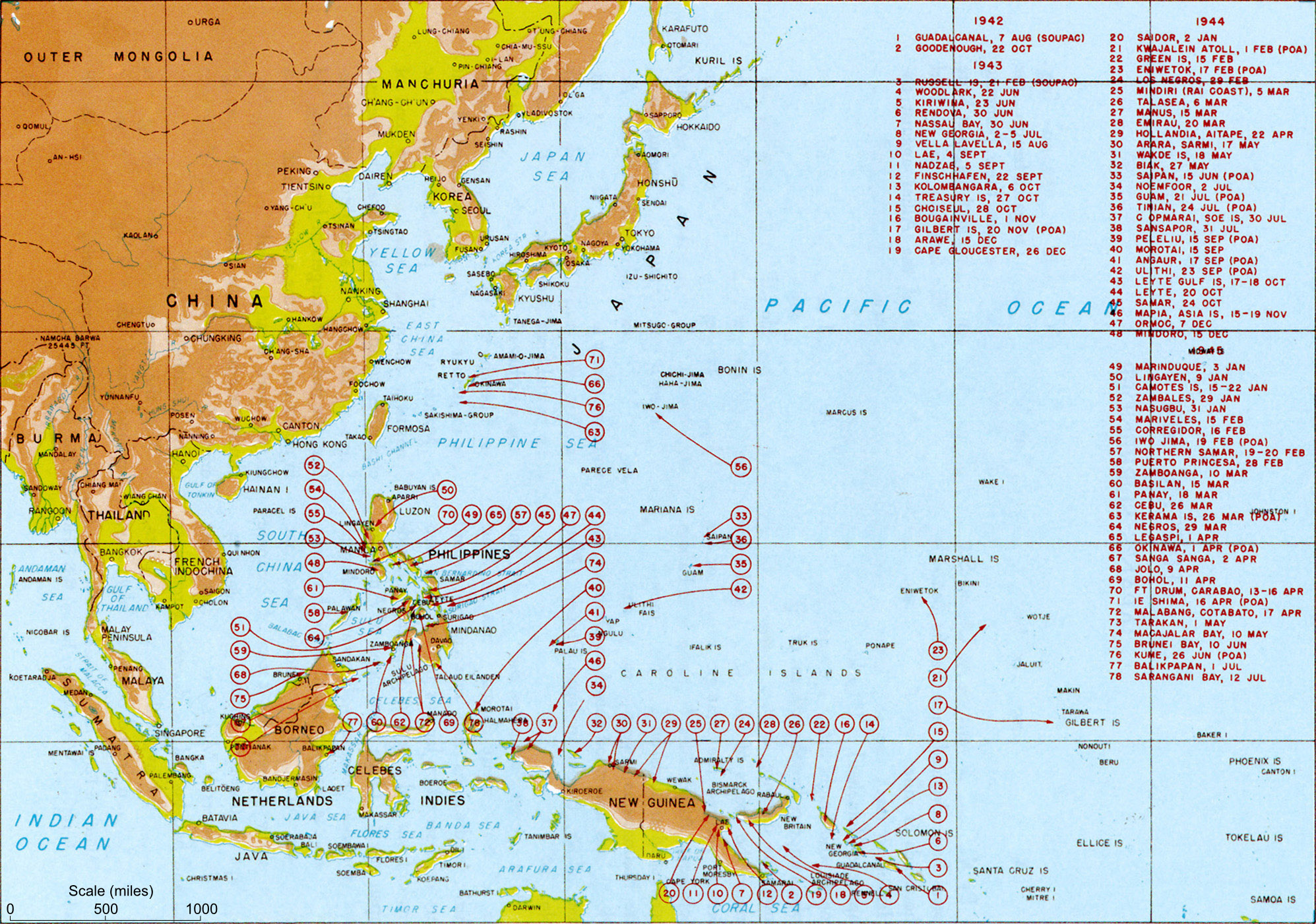 Map of major Pacific War engagements, 1942-1945