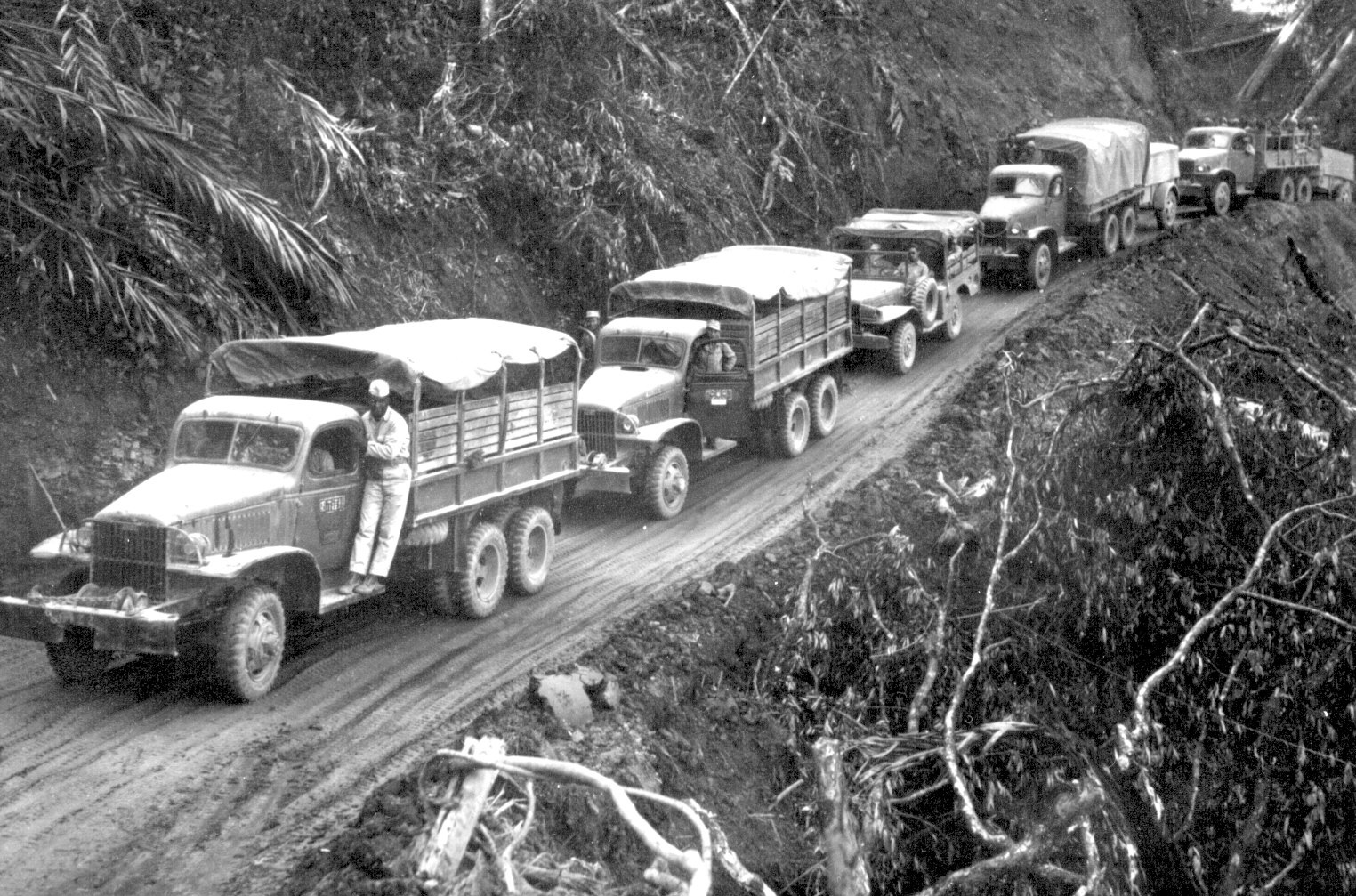 US Army truck convoy on the Ledo Road/Stilwell Road, Burma, 1945