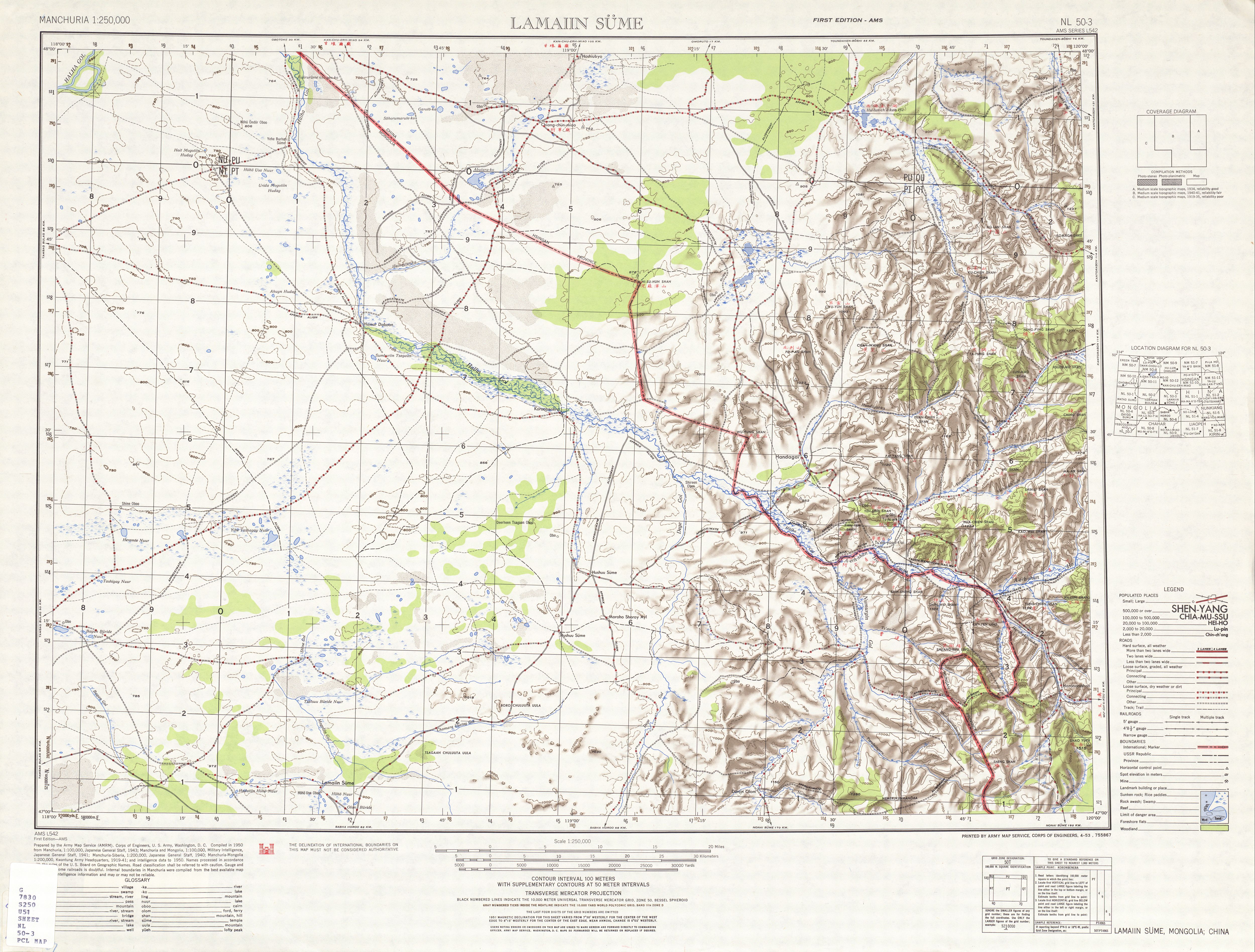 1950 US Army topographic map of Lamiin Süme region of Manchuria in China and of Mongolia
