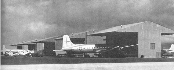 Nose hangars at Honolulu Naval Air Station, Oahu, US Territory of Hawaii, 1940s