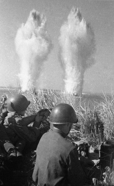 Soviet sappers detonating mines in a river in Bulgaria, 1944-1945