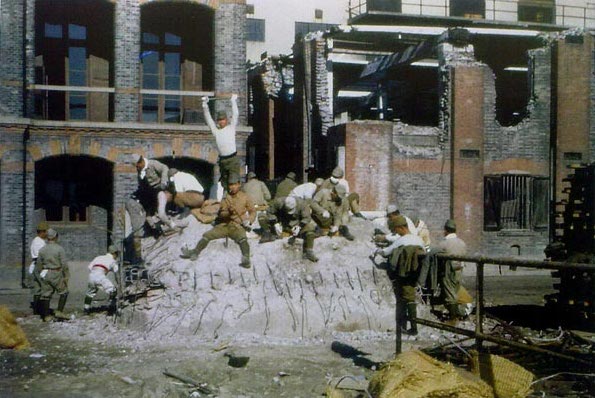 Japanese troops removing concrete fortifications in Shanghai, China, late 1945, photo 1 of 2