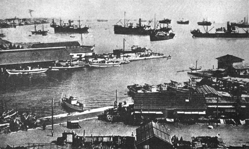View of Japanese shipping in Takao (now Kaohsiung) harbor, Taiwan, 1944