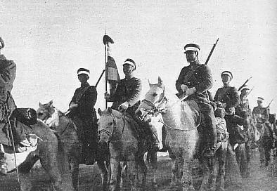 Manchukuo cavalry officers in parade, 1930s; seen in 1937 Japanese publication 'The Latest View of Manchukuo'