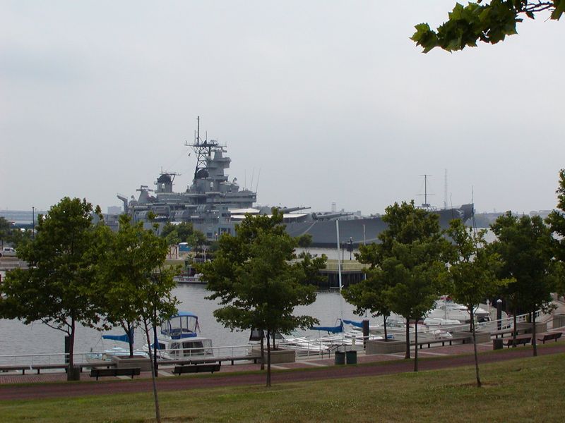 Battleship New Jersey seen from nearby park, 14 Jun 2004