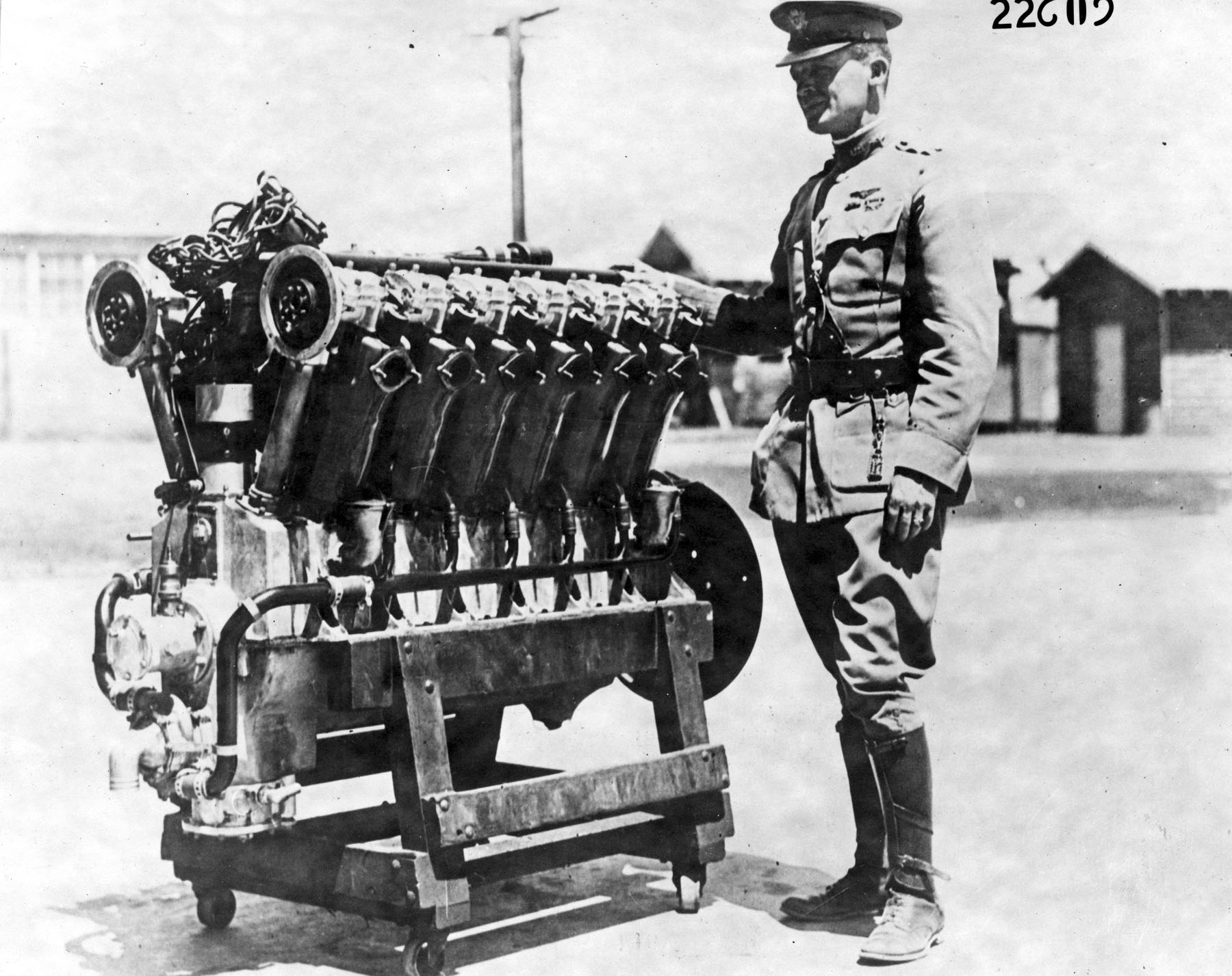 Major Henry Arnold with the first Liberty V-12 engine, circa 1917-1918