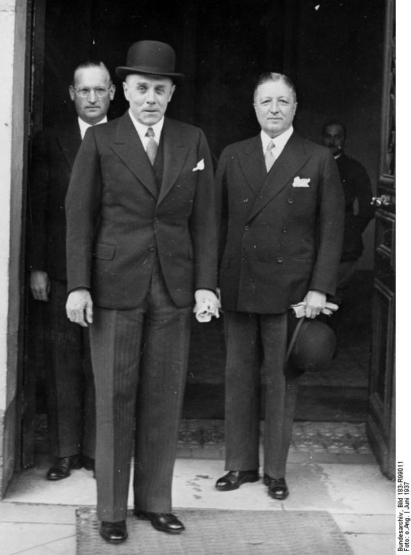 German Colonel Hans Speidel, General Ludwig Beck, and Lieutenant General Erich von Kühlenthal at the German embassy in Paris, France, Jun 1937