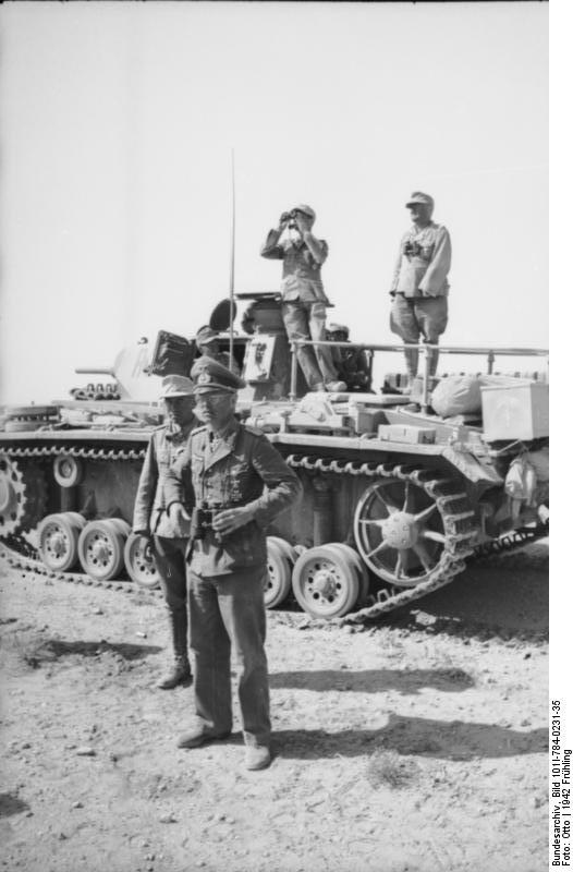 German Major General Georg von Bismarck in North Africa, spring 1942; note Panzer III tank in background