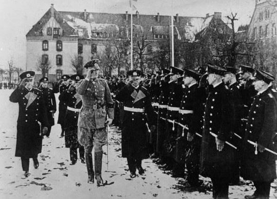 Erich Raeder and Werner von Blomberg inspecting German sailors at Kiel, Germany, 1933