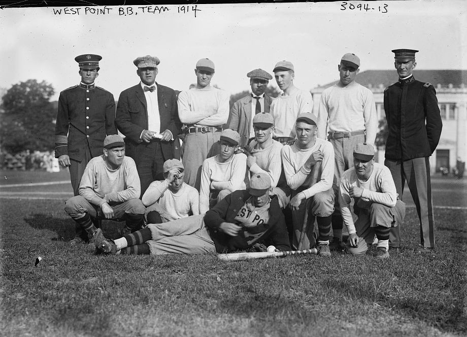 Group portrait of the United States Military Academy baseball team, West Point, New York, United States, 1914; note Omar Bradley front row third from the left.