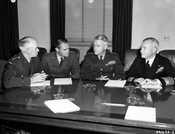 Omar Bradley, Hoyt Vandenberg, Lawton Collins, and Forrest Sherman at a US Joint Chiefs of Staff meeting at the Pentagon building, Arlington, Virginia, United States, 22 Nov 1949