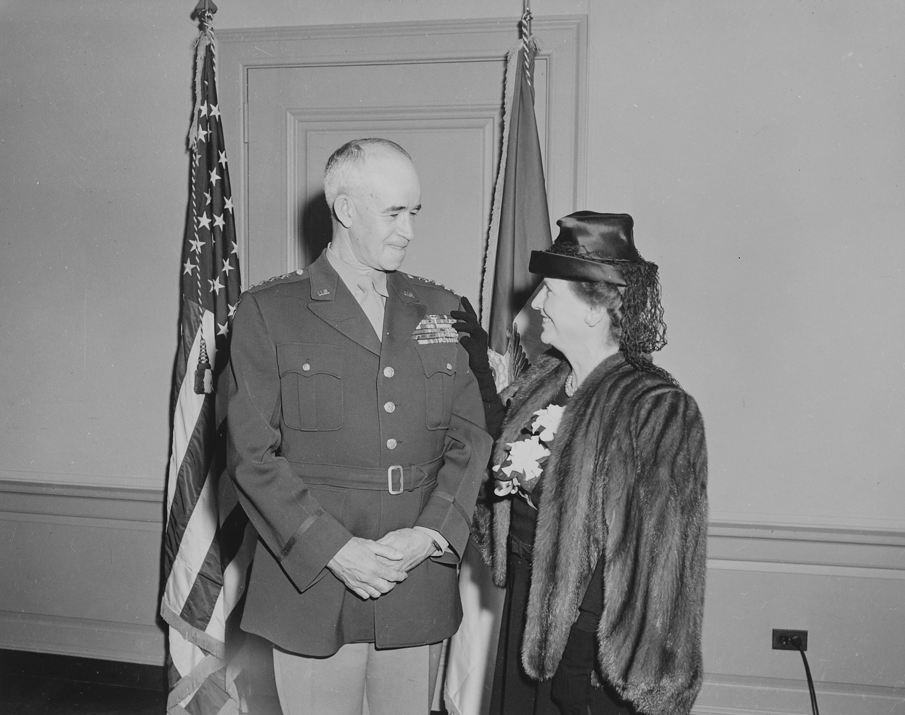 Omar Bradley and his wife after being sworn in as the Chief of Staff of the US Army, Pentagon, Arlington, Virginia, United States, 7 Feb 1948