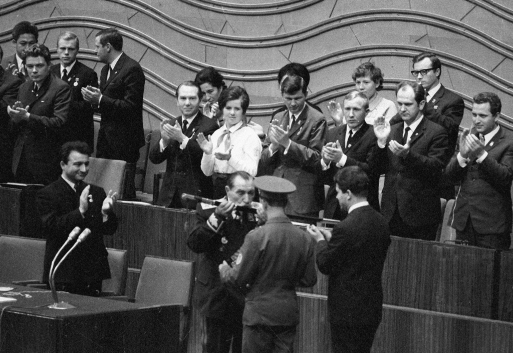 Semyon Budyonny handing his saber to the 16th Congress of the Komsomols, Moscow, Russia, 30 May 1970