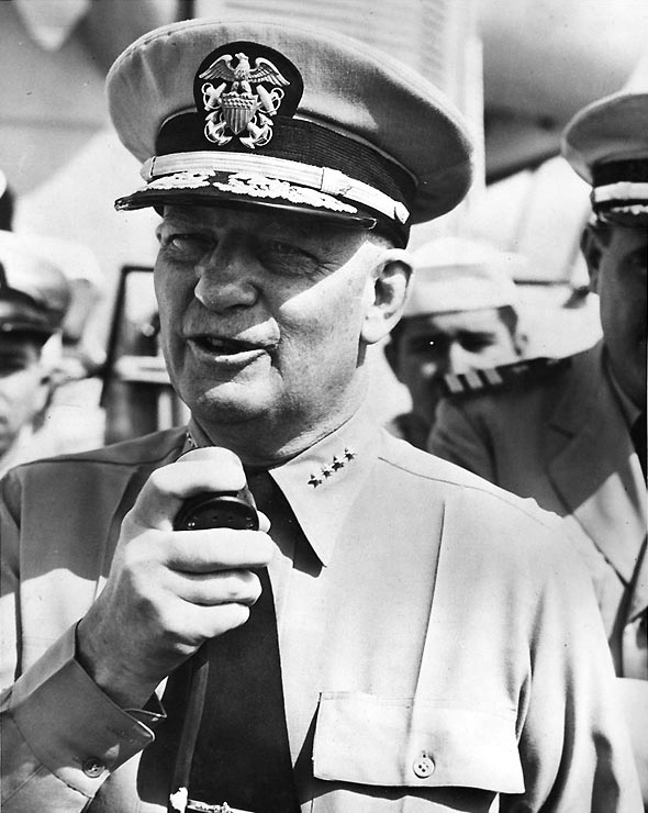 Admiral Burke addressing the crew of destroyer Walker, in the Mediterranean Sea, 1960