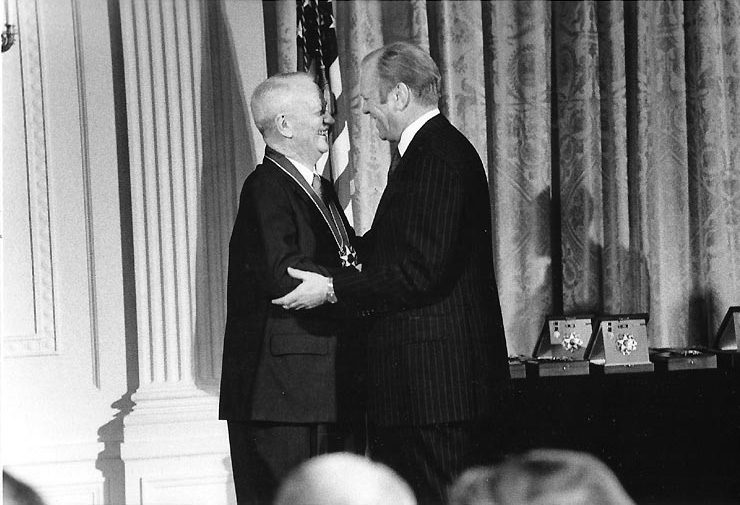 Burke receiving the Medal of Freedom from US President Gerald Ford, the White House, Washington, DC, United States, 10 Jan 1977